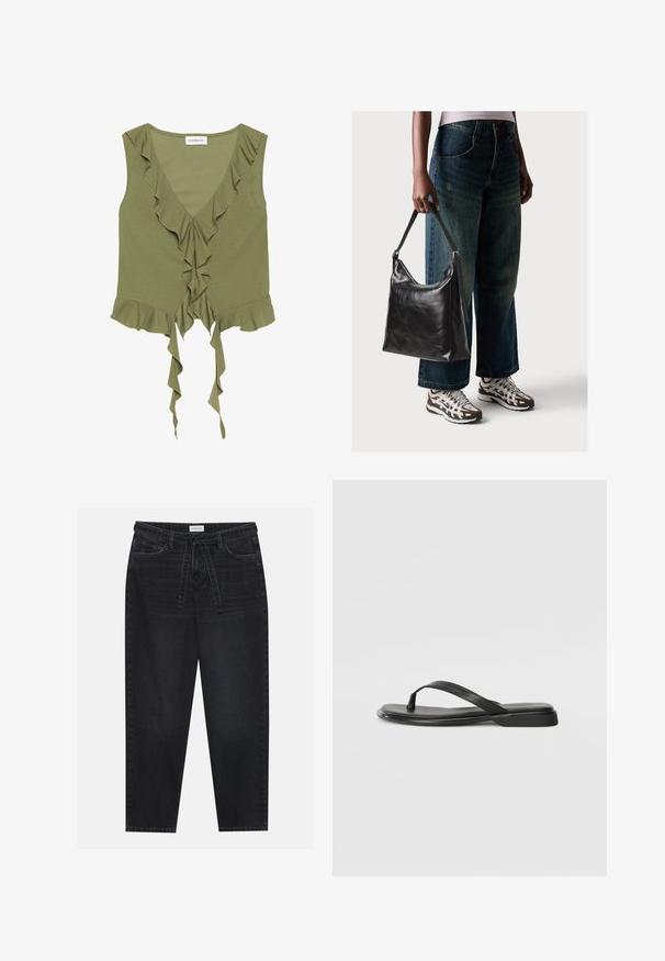 Olive green sleeveless top with a V-neckline, ruffled edges, and a tie detail at the front. Made from soft, lightweight fabric.; Black denim pants with a relaxed fit, featuring a drawstring waist and five pockets. Smooth texture with minimal fading and contrast stitching.; Black flip-flop made of smooth leather, featuring a thin strap design and a flat sole with a minimal profile. No notable patterns or accents.; Black leather shoulder bag with a smooth texture and adjustable strap, paired with faded wide-leg jeans and athletic sneakers.