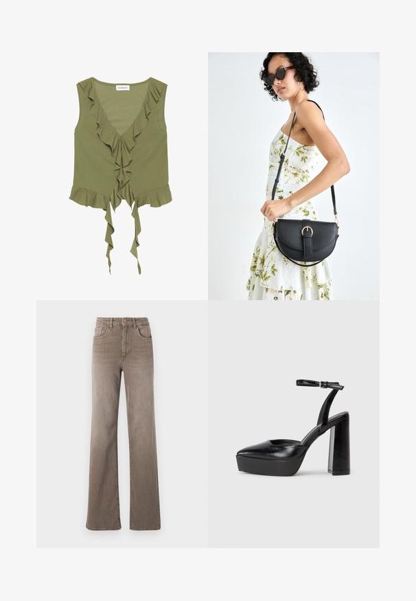 Oliivinvihreä hihaton toppi, jossa on V-mallinen kaula-aukko, röyhelöreunat ja solmukoriste edessä. Valmistettu pehmeästä ja kevyestä kankaasta.; Kuhun ruskeat korkeavyötäröiset suorat farkut etuvipusella, vyölenkeillä ja klassisella viiden taskun muotoilulla valkoista taustaa vasten.; Mustat korkeat platform-kengät, joissa on terävä kärki ja säädettävä nilkkaremmi. Valmistettu sileästä nahasta ja varustettu paksulla lohkokorkeudella.; Musta nahkainen käsilaukku, joka on kaareva muotoilultaan, irrotettavalla hihnalla ja kultaisilla yksityiskohdilla. Laukussa on läppä, jossa on solk yksityiskohta.