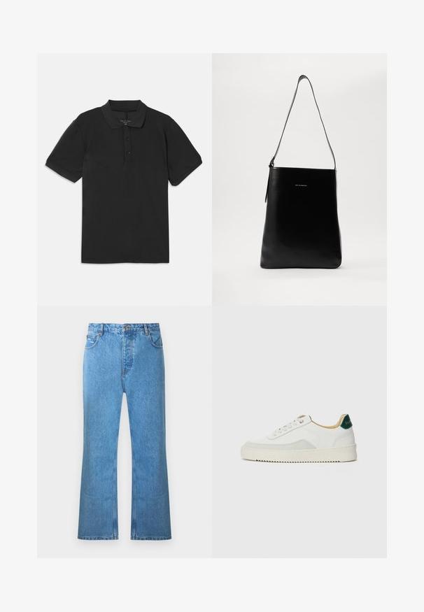 Schwarzes Poloshirt mit kurzen Ärmeln, einem Kragen und einer Dreiknopfleiste. Hergestellt aus einem glatten, leichten Stoff und mit einem klassischen Design.; Hellblaue Denim-Jeans mit ausgestelltem Bein, hoher Taille, fünf Taschen und dezentem Ausbleichen. Verfügt über Ziernähten und einen Knopfverschluss.; Weiße Sneaker mit Wildlederelementen, runder Zehenpartie, flachen Schnürsenkeln und einer cremefarbenen Gummisohle. Mit grünen Markenlogo am Fersenbereich.; Schwarze Leder-Schultertasche mit glatter Textur, rechteckiger Form und langem Trageriemen; verfügt über ein kleines weißes Logo in der Mitte.