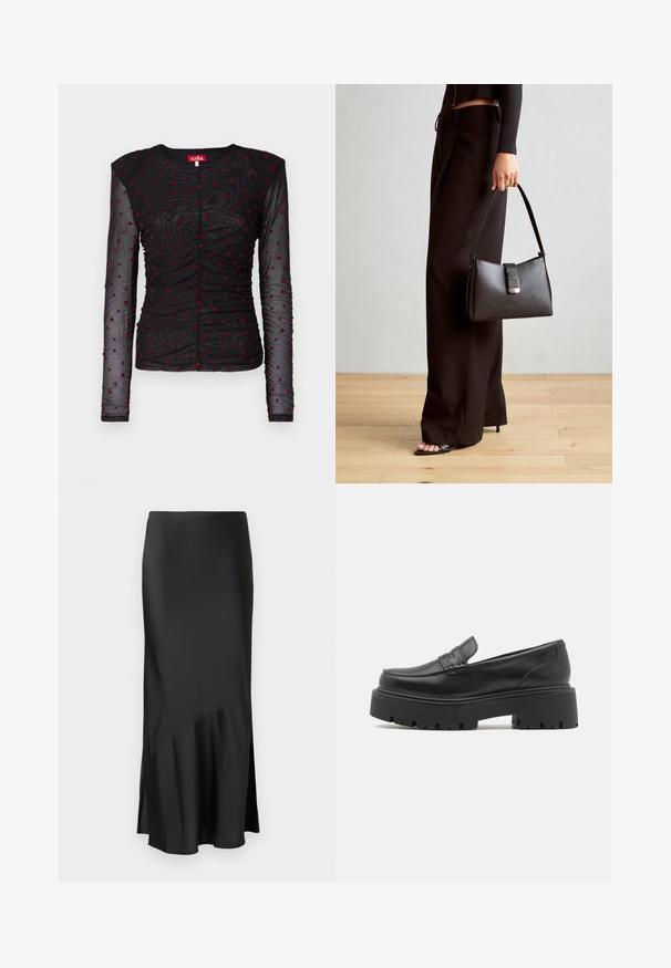 Svart langermet topp laget av gjennomsiktig stoff, med røde hjerte mønstre, rynket design, rund hals, og knappelukking foran.; Svart sateng midi skjørt med et stilrent design, som har en lett utflaring fra kanten og glidelåsspalte på siden for bevegelsesfrihet. Glatt tekstur.; Sorte lærloafere med en lav, kraftig gummisåle, sydd detaljer på overdelen, og en glatt tekstur.; Svart håndveske med strukturert form, jevn tekstur og metallisk lås. Kombinert med brede svarte bukser og sandaler med åpen tå på tregulv.