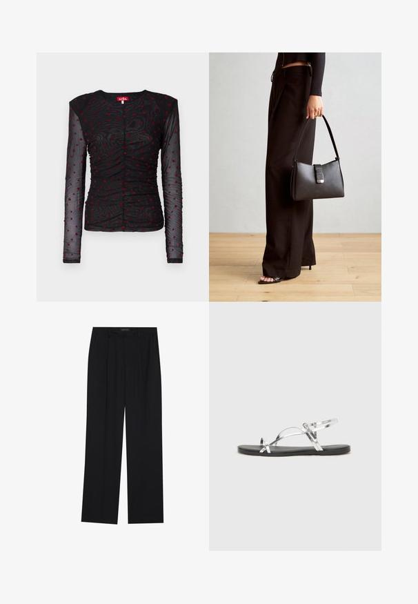 Black long-sleeve top made of sheer fabric, featuring red heart patterns, ruched design, round neck, and button closure at the front.; Black trousers with a straight-leg design, featuring two front pockets and a waistband. Made from a smooth, lightweight fabric.; Silver metallic sandals with a minimal design, featuring thin straps and a black flat sole. Highlights include cross strap accents.; Black handbag with structured shape, smooth texture, and a metallic clasp. Paired with wide black pants and open-toe sandals on wooden floor.