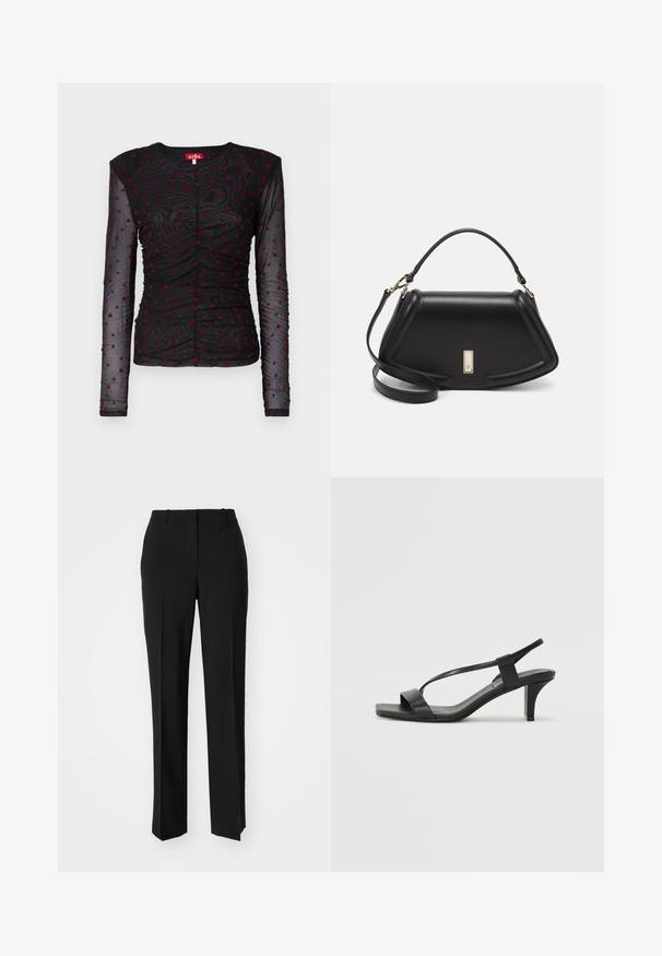 Fekete, hosszú ujjú felső áttetsző anyagból, piros szívmintákkal, redőzött kialakítással, kerek nyakkal és gombos záródással elöl.; Fekete, testhezálló nadrág egyenes szárú kivitelben, sima textúrával és éles redőkkel az elején. Nincs látható fémalkatrész.; Fekete magassarkú szandál vékony pántos kialakítással, négyzetes orral és közepes magasságú tömbsarkakkal. Sima bőrből készült, matt felülettel.; Fekete bőr kézitáska, strukturált dizájnnal, rövidített formával, felső fogantyúval és arany színű kiegészítőkkel. Állítható vállpánt is tartozik hozzá.