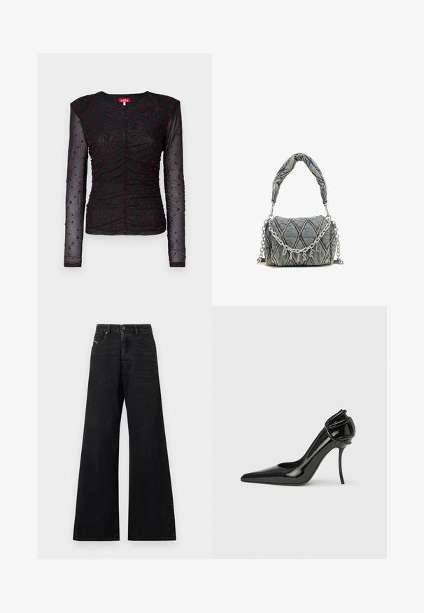 Čierny dlhý rukáv top vyrobený z priesvitnej látky, s červenými vzormi srdca, zvrásneným dizajnom, okrúhlym výstrihom a zapínaním na gombík vpredu.; Čierne džínsy s širokými nohavicami, vyrobené z denimu, s vysokým pásom, piatimi vreckami a jemným zdobením švov na prednej strane.; Čierna lodička na vysokom podpätku z lakovanej kože so špicatou špičkou a otvorenou pätou. Má jedinečný zakrivený akcent na podpätku. Elegantný a lesklý povrch.; Džínová kabelka s prešívaným vzorom, modrej farby, s krátkym spleteným držadlom a strieborným reťazovým popruhom, ktorý má detail s metalickým logom značky.