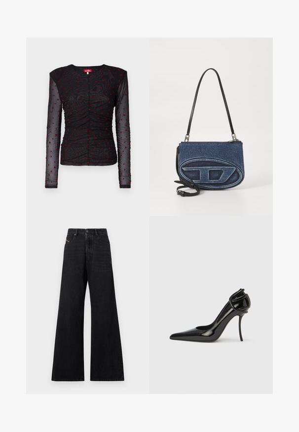 Melna garām piedurknēm ražota blīva auduma, kas rotāta ar sarkaniem sirds motīviem, ar drapējumu, apaļu kakla izgriezumu un pogu aizdari priekšpusē.; Melnas platām kāju džinsi no džinsa, ar augstu jostasvietu, piecu kabatu dizainu un smalku šuvju detaļu priekšpusē.; Melna lakādas augstpapēžu kurpe ar smailu purngalu un atvērtu aizmuguri. Ar unikālu ieliektu akcentu papēdī. Gluda un spīdīga virsma.; Denima crossbody soma ar melnu ādas siksnu, ovāla logo dizaina priekšpuse un rāvējslēdzējs augšpusē. Tekstūrēta apdare.