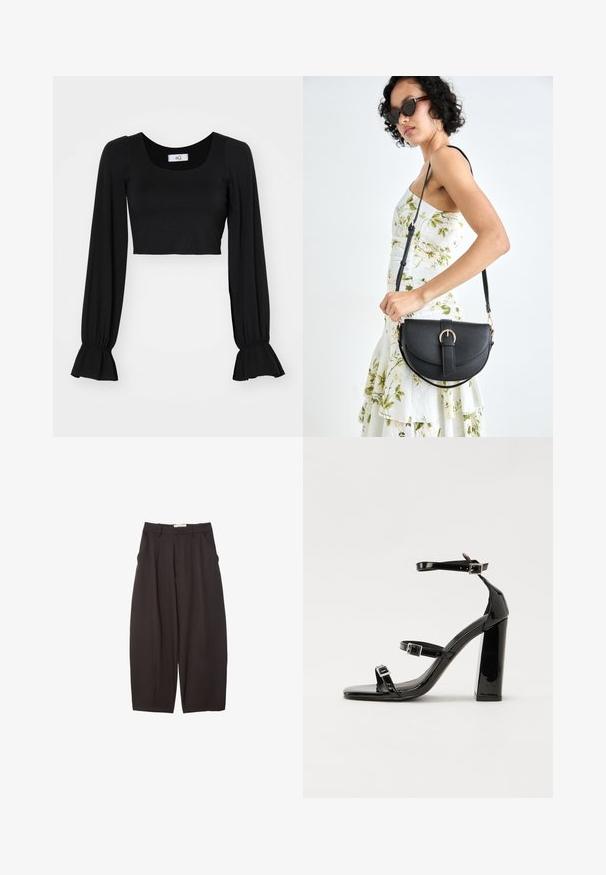 Čierny skrátený top so štvorcovým výstrihom, dlhými nadýchanými rukávmi a nariasenými manžetami. Vyrobené z mäkkého materiálu s hladkou textúrou.; Čierne široké nohavice vyrobené z hladkej tkaniny, s vysokým pásom, prednými skladmi a bočnými vreckami. Jednoduchý dizajn bez ozdôb.; Čierne lakované sandále na vysokom opätku s dvoma prackami, štvorcovou špičkou a hrubým blokovým opätkom, s hladkou, lesklou textúrou.; Čierna kožená kabelka s zaobleným tvarom, odnímateľným popruhom a zlatými doplnkami. Kabelka má klopu s detailom s prackou.