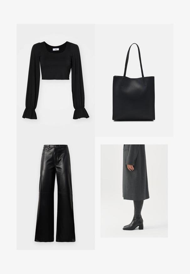 Schwarzes, kurzes Oberteil mit quadratischem Ausschnitt, langen Puffärmeln und gerafften Manschetten. Hergestellt aus weichem Stoff mit glatter Textur.; Schwarze leichte, weit geschnittene, hochtaillierte Kunstlederhose mit vorderem Knopf, Reißverschluss, Gürtelschlaufen und Seitentaschen auf weißem Hintergrund.; Grau, maßgeschneiderter Überwurf mit geradem Schnitt; kombiniert mit knöchelhohen, schwarzen Lederstiefeln mit quadrater Zehenform und klobigem Absatz.; Schwarze Laptoptasche aus Leder mit glatter Textur, rechteckiger Form und zwei langen Griffen. Keine sichtbaren Beschläge oder Verzierungen.