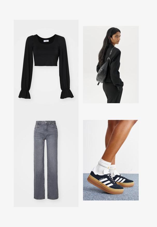 Black cropped top with a square neckline, long puffed sleeves, and gathered cuffs. Made of soft fabric with a smooth texture.; Grey wide-leg jeans made from denim with a smooth texture, featuring a button and zipper closure, and five pockets.; Black suede sneakers with white stripes and accents, rounded toe, gum rubber outsole, paired with white ribbed crew socks.; Woman with long dark hair wearing a black suit, carrying a black leather shoulder bag, looking over her shoulder against a white background.