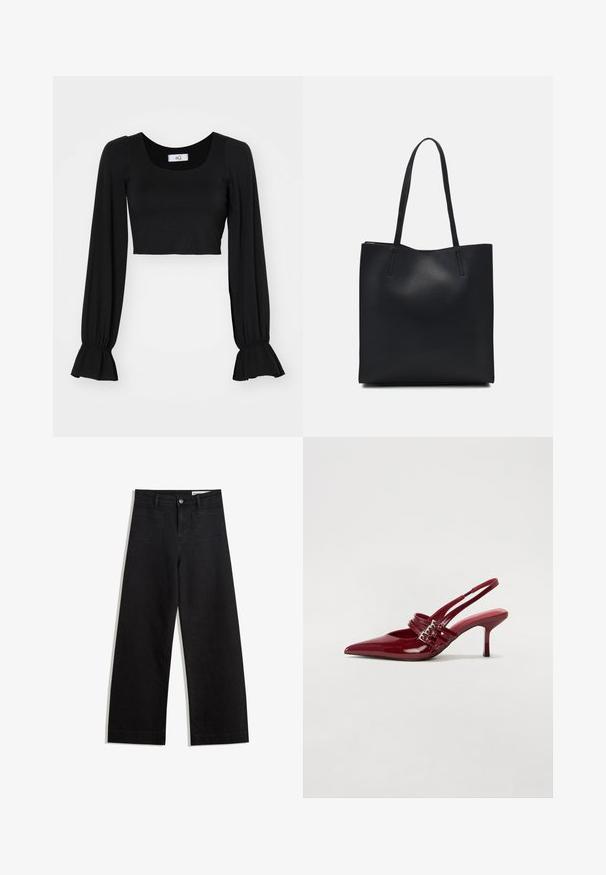 Czarny krótki top z kwadratowym dekoltem, długimi bufiastymi rękawami i marszczonymi mankietami. Wykonany z miękkiego materiału o gładkiej teksturze.; Czarne dżinsowe spodnie o szerokich nogawkach i wysokim stanie, z przednimi i tylnymi kieszeniami, przeszyciami oraz zapięciem na guziki. Gładka struktura.; Czerwone lakierowane czółenka na klocku z zaokrąglonym noskiem, dwoma paskami z klamrami oraz smukłym, średniej wysokości obcasem w stylu stiletto. Gładka tekstura.; Czarna skórzana torba tote o gładkiej fakturze, prostokątnym kształcie i dwóch długich uchwytach. Brak widocznych elementów metalowych i ozdób.