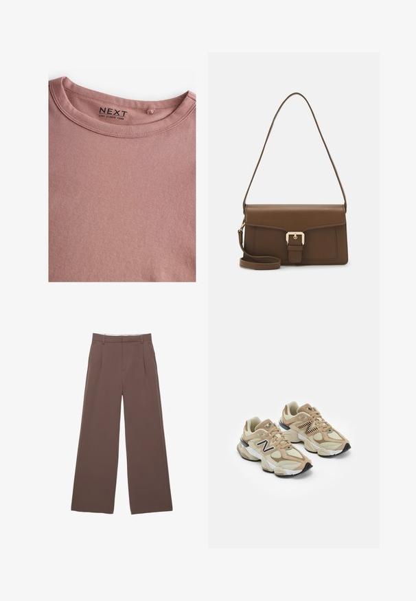 Langärmliges T-Shirt mit Rundhalsausschnitt aus weichem pinkfarbenem Stoff, mit nahtlosem Kragen und einem Etikett mit "NEXT"-Markierung. Glatte Textur, keine Muster.; Weite Hosen aus einfarbigem braunem Stoff, mit einer glatten Textur, vorderen Falten und einem maßgeschneiderten Bund. Keine sichtbaren Logos oder Muster.; Beige Sneaker aus Mesh- und Wildledermaterialien. Mit einem schwarzen Logo und strukturierten Akzenten. Dicke weiße Zwischensohle und schwarze Gummisohle.; Braune Lederhandtasche in rechteckiger Form, mit einem vorderen Klappdeckel, goldener Hardware und einem langen, verstellbaren Tragegurt.