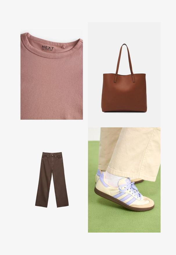 Maglietta a maniche lunghe con scollo rotondo in morbido tessuto rosa, con un colletto senza cuciture e un'etichetta con il marchio "NEXT". Tessuto liscio, senza motivi.; Jeans a gamba larga marroni in denim, con vita alta, tasche anteriori e chiusura a bottone classica. Tessuto liscio con cuciture sottili.; Sneakers crema e lavanda con tre strisce e suola marrone texturizzata, dotati di lacci e tallone imbottito. Parte superiore in tessuto morbido.; Borsa tote in pelle marrone con texture liscia, design con apertura superiore e due spallacci. Presenta cuciture minime e nessun hardware visibile.