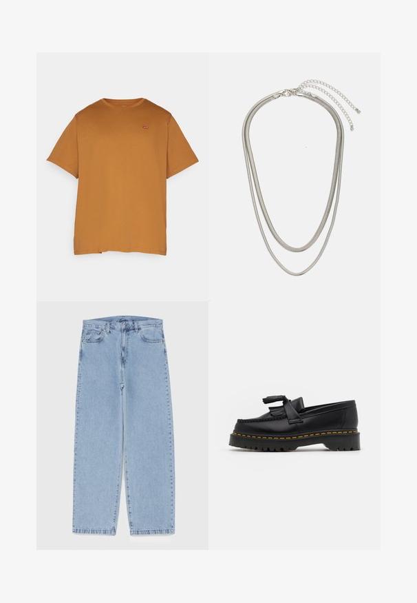 Levi's® Plus BIG ORIGINAL TEE - Jednoduché tričko - dark ginger; Světle modré džíny s rovnými nohavicemi, středním pasem, pěti kapsami a zapínáním na knoflík a zip.; Černé kožené mokasíny s třásněmi, se silnou černou podrážkou a žlutým prošíváním podél okraje. Texturovaný povrch.; Vícevrstvý stříbrný kovový náhrdelník s elegantními, flexibilními řetízky s jemným leskem, zabezpečený karabinkou a nastavitelným řetízkem.