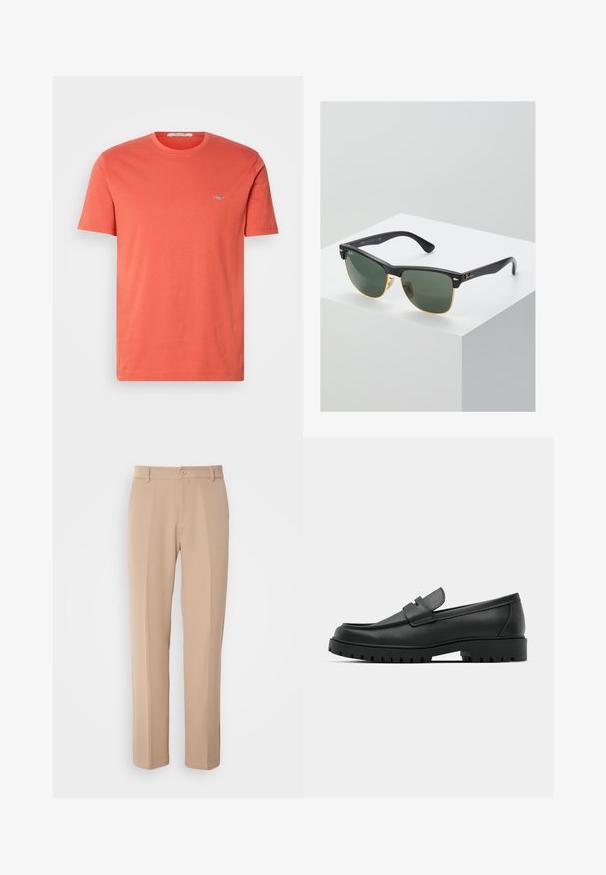 Katoenen t-shirt met korte mouwen in koraalkleur, met een ronde hals en een klein geborduurd logo op de borst. Gladde textuur en reguliere pasvorm.; Beige broek gemaakt van gladde stof, met een rechte pasvorm, een sluiting met een knoop aan de voorkant en subtiele plis details aan de voorkant.; Zwarte leren instappers met een ronde neus, voorzien van een gestikt ontwerp, een lage platformzool en een gestructureerde, grof rubberen buitenzool.; Ray-Ban zonnebrillen met groene lenzen, zwarte plastic monturen en gouden accenten aan de randen. Vierkante vorm met een matte afwerking.