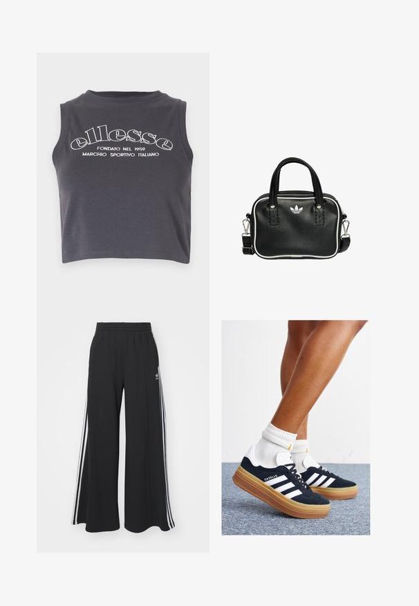 Dunkelgraues, tailliertes Tanktop aus weicher Baumwolle, mit einem weißen, bedruckten Markentext und einem runden Halsausschnitt ohne Ärmel.; Schwarze weite Sweatpants mit elastischem Bund, versehen mit weißen Seitestreifen und einem gestickten Logo auf dem linken Oberschenkel.; Schwarze Wildledersneaker mit weißen Streifen und Akzenten, rundlicher Zehenbereich, Sohlen aus braunem Gummi, kombiniert mit weißen, gerippten Sneakersocken.; Schwarze Lederhandtasche mit zwei kurzen Griffen, silbernem Zubehör, weißen Akzenten und einem weißen Logo. Verfügt über eine strukturierte Oberfläche und ein kompaktes Design.