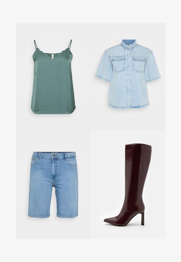 Un top din material ușor, de culoare aqua, cu bretele subțiri tip spaghetti, decolteu în formă de V și un material ușor texturat; hemline rotunjit cu fante laterale.; Cămașă din denim albastru deschis cu mâneci scurte, având două buzunare în față și decorată cu mici tăieturi de argint.; Șorturi din denim de un albastru deschis, cu un croi clasic, având închidere frontală cu buton, bretele pentru curea și două buzunare laterale. Textură netedă și margine dreaptă.; Even&Odd Cizme - dark red