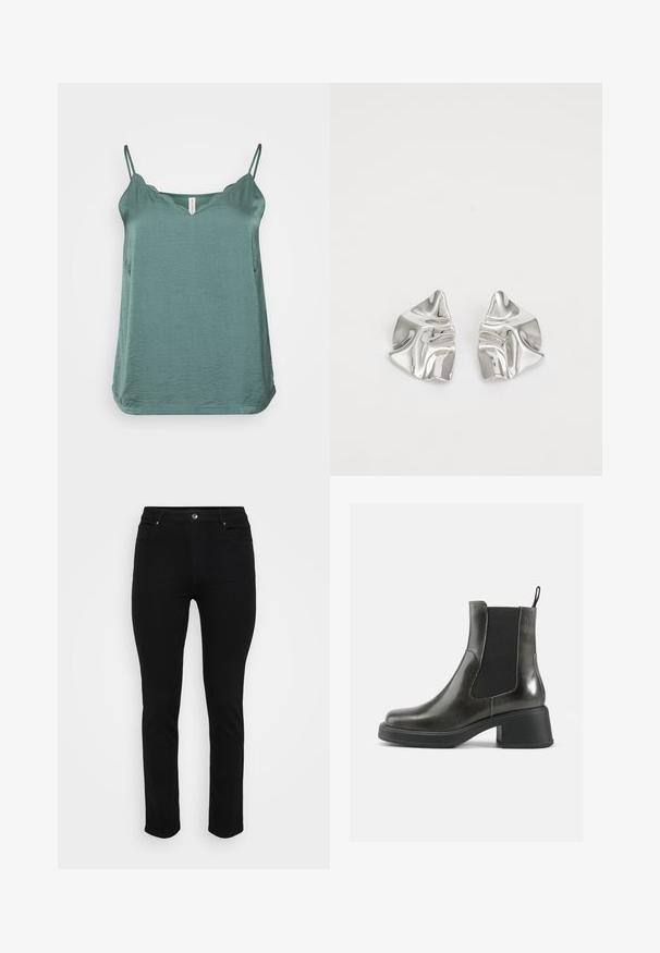 En turkos, lätt tanktopp med tunna spaghettistövlar, V-ringning och ett något texturerat tyg; rundad fåll med sidofickor.; Svarta denimjeans med slim fit, femficksdesign, framknäppning och lätt stretch för komfort. Platt, slät textur med minimal detaljering.; Svarta läderankelboots med en slät yta, elastiska sidopaneler och en kraftig klack. Har en dragflik för enklare påtagning.; Silverfärgade metallörhängen med en vågig, skulptural design som har en polerad yta och oregelbundna former, vilket framhäver en samtida estetik.