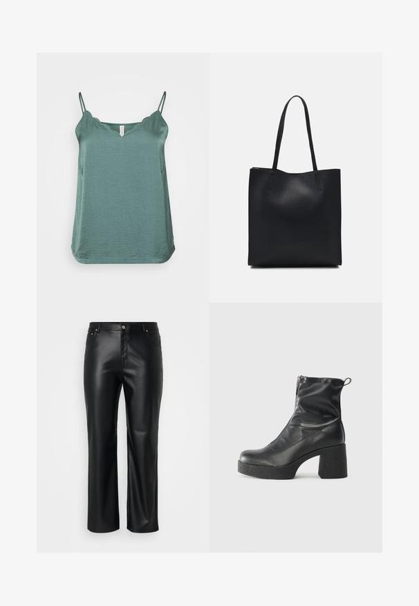 Morski, lahki top s tanki naramnicami, z V-izrezom in rahlo teksturirano tkanino; zaobljen rob s stranskimi razporki.; Črne umetne usnjene hlače s ravnim krojem, z zankami za pas, sprednjimi žepi in zadrgo s gumbom. Gladka tekstura.; Črne gležnjarje iz gladke kože z božnim zadrgo, masivnim teksturiranim peto in zaobljeno obliko prstov.; Črna usnjena torba s svilnato teksturo, pravokotne oblike in dvema dolgima ročajema. Brez vidnih metalnih delov ali okrasnih elementov.