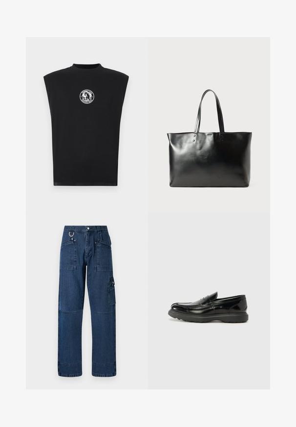 Top negru fără mâneci, realizat dintr-un material moale, cu un logo grafic alb circular pe piept. Dublu, cu un design minimalist.; Pantaloni cargo din denim albastru închis, cu croială dreaptă, dotati cu multiple buzunare, elemente metalice și detalii de cusătură în contrast.; Mocasin din piele neagră cu o finisare lucioasă, vârf rotunjit, detalii de cusătură subtile și o talpă groasă din cauciuc pentru durabilitate.; Geantă toată din piele neagră, netedă, cu două curele pentru umăr, formă rectangulară și detalii de cusătură subtile, pe un fundal alb.