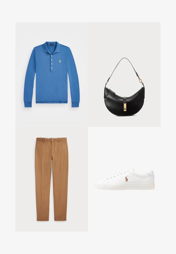 Polo Ralph Lauren STRETCH POLO SHIRT - Långärmad tröja - petrol blue; Bruna bomullshängslen med en slim-fit-design, platt front och standardfickor; mjuk textur och fållade muddar.; Vita lädersneakers, låg design, med en slät yta, rund tå, snörning fram och en liten broderad logotyp på sidan.; Svart läderhandväska i halvmåneform. Har en accent av guldhardware och en smal rem. Slät yta, blixtlåslås upptill.