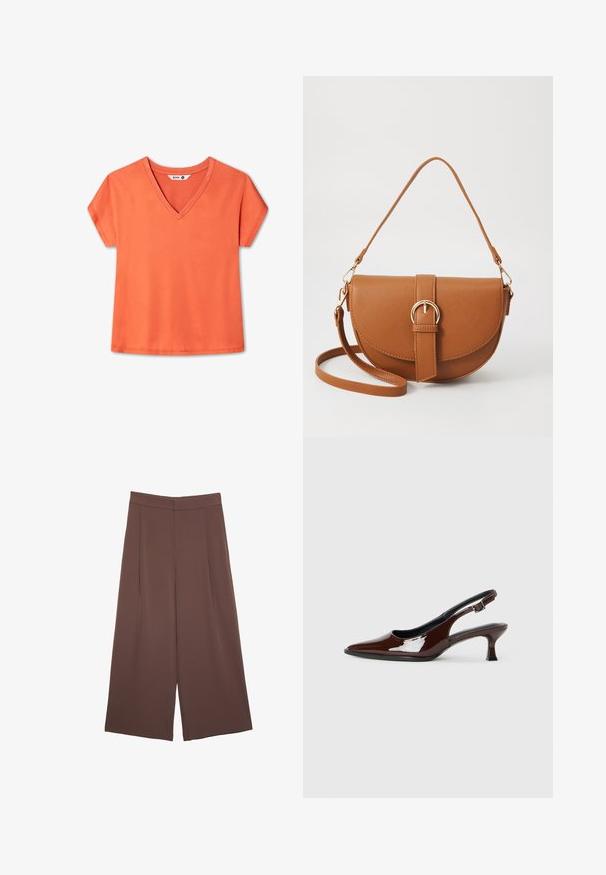 Oranges, kurzärmliges V-Ausschnitt-T-Shirt. Hergestellt aus weichem Baumwollstoff, mit lockerer Passform und glatter Textur. Keine sichtbaren Muster oder Akzente.; Braune Weite-Leg-Hosen mit einer glatten Textur, hoher Taille und Vorderfalten. Der Stoff ist leicht und fällt locker.; Braune Lackleder-Slingback-Schuhe mit spitzer Zehe und moderatem Absatz. Mit einem Schnallenriemen für einen sicheren Sitz. Glatte Textur.; Braune Leder-Crossbody-Tasche mit geschwungener Form, goldfarbenen Beschlägen und einer Schnallenakzentuierung. Verfügt über einen abnehmbaren Schultergurt.