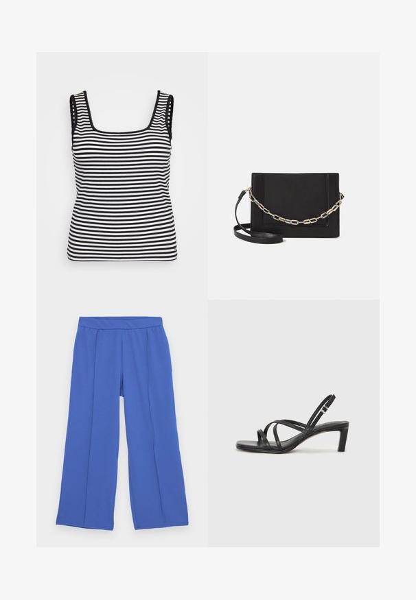 Black and white striped tank top with a square neckline, ribbed texture, wide shoulder straps, and decorative scalloped edges.; Wide-leg pants made of soft, stretchy fabric in bright blue. Features a flat waistband and two front pleats for added design detail.; Black strappy sandal with a square toe and a low block heel. Features multiple thin straps and an adjustable ankle strap. Made of smooth leather.; Black leather crossbody bag featuring a smooth texture, rectangular shape, and a metallic chain detail on the front. Adjustable strap included.