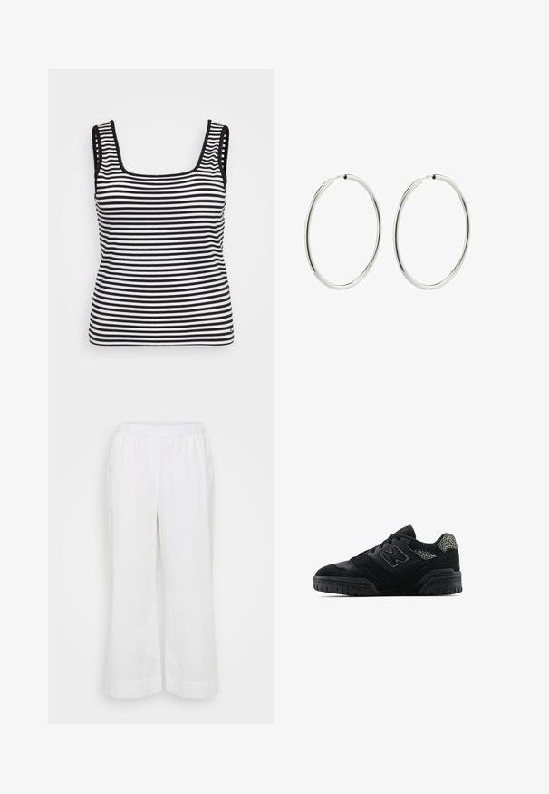 Débardeur à rayures noires et blanches avec un col carré, texture côtelée, bretelles larges et bords décoratifs en forme de coquille.; Pantalons blancs à jambes larges fabriqués dans un matériau léger. Ils disposent d'une taille élastique et de poches latérales, avec une texture lisse et mate.; Baskets basses noires avec semelle texturée, design à lacets, panneaux en daim et accents à motifs sur le talon et le logo sur le côté.; Boucles d'oreilles en argent en forme d'anneau avec une finition lisse et polie. Forme circulaire, largeur constante, conçues pour une fermeture facile. Simples et élégantes.