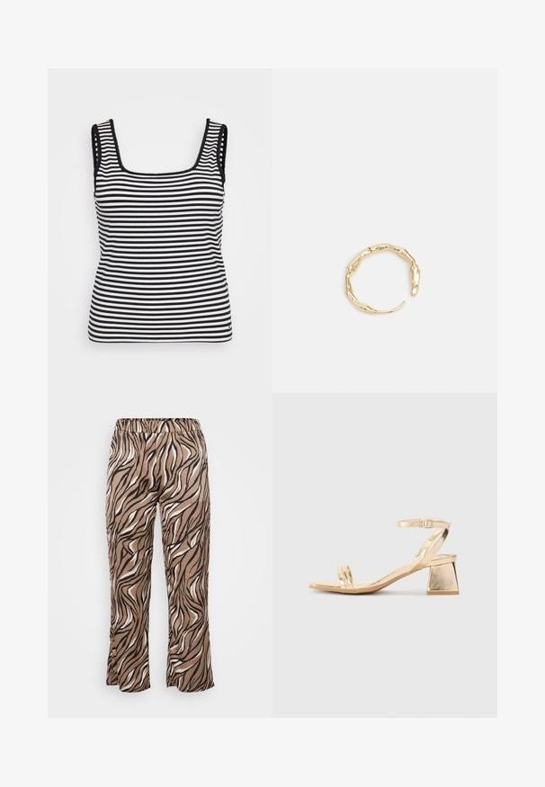 Canotta a righe bianco e nero con scollatura quadrata, texture a coste, spalline larghe e bordi decorativi a oliveti.; Pantaloni a strisce zebrate marroni e crema con vita elastica, presentano un design a gamba larga e una texture di tessuto liscia.; Sandal in metallo dorato con tacco a blocco angolare, due cinghie sul piede e una cinghia alla caviglia regolabile. Tocco liscio.; Anello in tono oro con un design organico e Twisted, caratterizzato da una superficie liscia e punte affusolate, che crea un aspetto moderno e scultoreo.