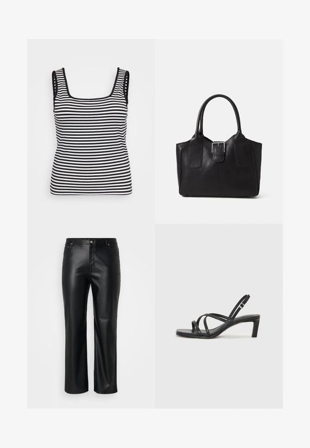Top fără mâneci cu dungi alb-negru, cu decolteu pătrat, textură ribbed, bretele late și margini decorative cu volan.; Pantaloni din piele ecologică negri, cu croială dreaptă, dotate cu bucle pentru curea, buzunare frontale și închidere cu fermoar și buton. Textură netedă.; Sandal cu barete negre, cu vârf pătrat și toc mic de bloc. Prezintă mai multe barete subțiri și o bareta ajustabilă la gleznă. Fabricat din piele netedă.; Geantă tote din piele neagră cu textură netedă, formă structurată, două mânere și un detaliu proeminent din aliaj de argint pe partea din față.
