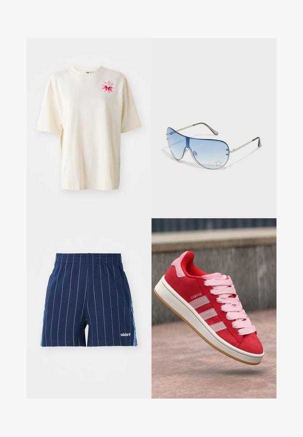 Gaiši bež kokvilnas T-krekls ar rozā zieda un logotipa izšuvumu kreisajā krūtī. Brīva piegriezuma, īsām piedurknēm un apaļu kakla dizains.; Jūras zila šorti ar baltām svītrām, elastīgu jostu un Adidas logo. Sānos ir zilas akcenti, izgatavoti no kokvilnas maisījuma materiāla.; Sarkanie zamšas sporta apavi ar rozā akcentiem, tiem ir trīs baltas svītras un gaiši rozā auklas. Balta starpsole un gumijas zole.; Pilotstila saulesbrilles ar gradienta zilām lēcām, sudraba metāla rāmjiem un dekoratīvām zvaigžņu akcentiem uz lēcām. Gluda un eleganta dizaina.