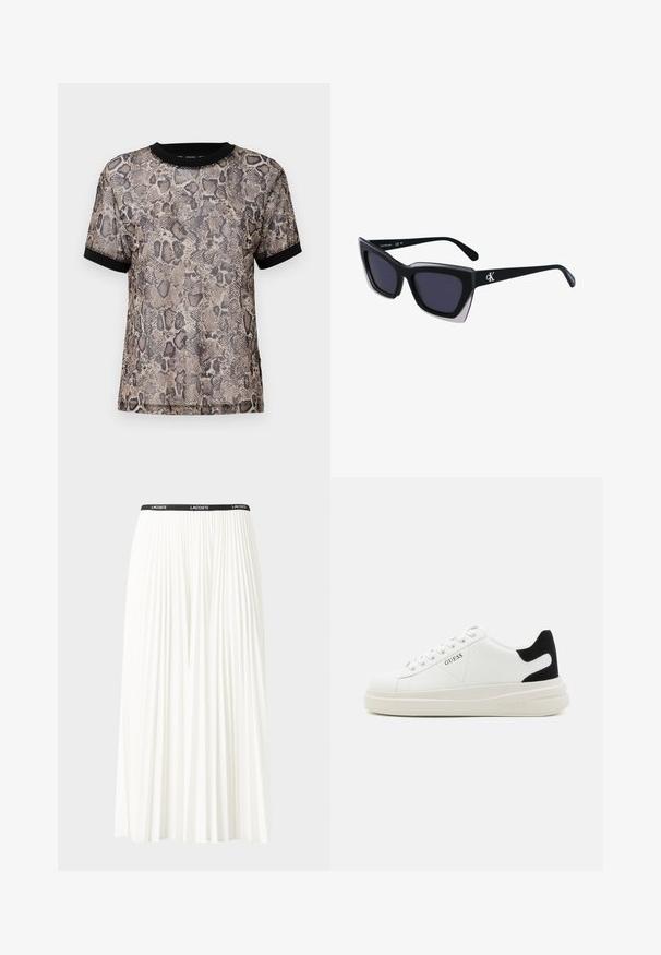 Lühikeste käistega topp, millel on beeži ja musta värvi käärmeprindiga muster, must ribaga kaelus ja mansetid, valmistatud kerge ja läbipaistva kangaga.; Kurtitudega valge seelik musta elastse vööga, millel on "LACOSTE" logo. Keskmise pikkusega disain pehme tekstuuriga.; Valged nahast tennisetossud paksu valge tallaga, musta sametist kontsakeeuga ja külje peal riigilogo reljeefne kujundus. Lukkeskeem kuue silmaauguga.; Mustad suured mustad prillid geomeetrilise kujuga, tumedate läätsedega ja kontrastse halli detailiga raamidel. Logo käe peal.