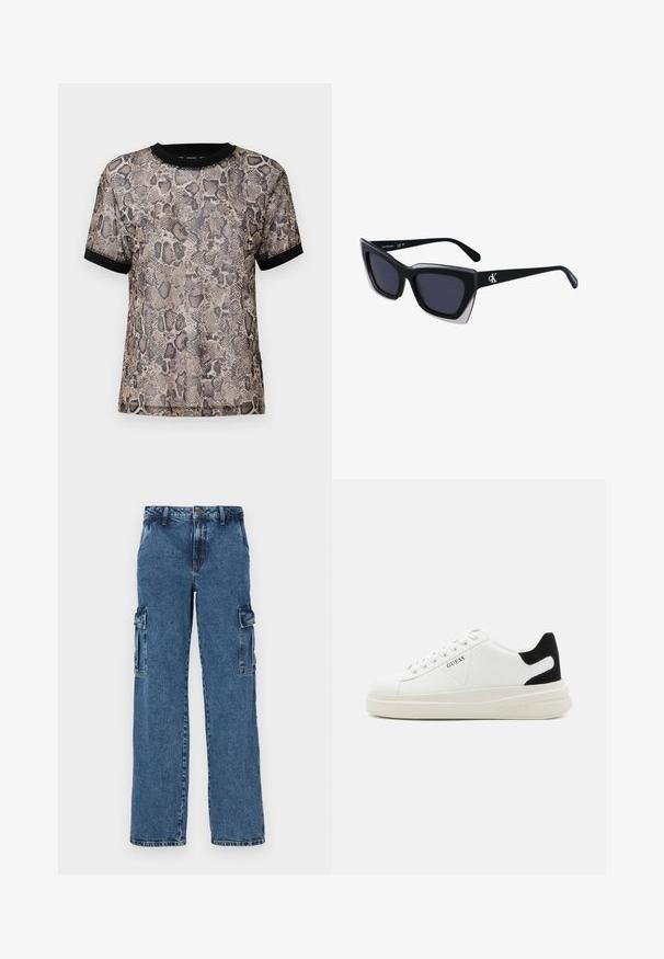 Kortærmet top med slangeprint i beige og sort, med sort ribkant i halsen og ved ærmerne, lavet af let og gennemsigtigt stof.; Blå denim cargo bukser med en afslappet pasform, der har to sidelommer, forstærket syning og et lige ben-design.; Hvide lædersneakers med en tyk hvid sål, sort ruskindhælvægt og prægede logoer på siden. Snørebåndsdesign med seks øjer.; Store sorte oversized solbriller med geometrisk form, med mørke linser og en kontrasterende grå detalje på stellet. Logo på armen.