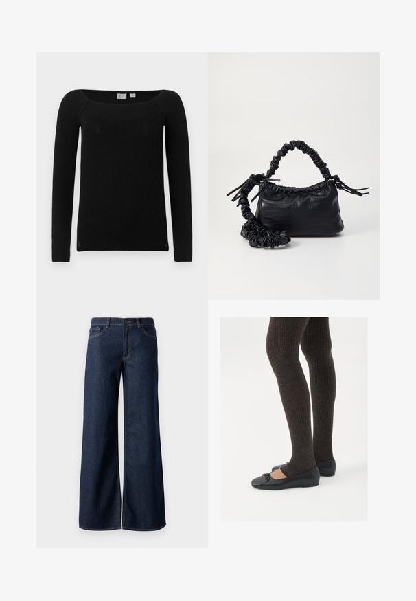 Černý žebrovaný dlouhý rukáv top s čtvercovým výstřihem. Vyrobeno z texturované, elastické tkaniny. Nabízí štíhlý střih a mírně zúžené rukávy.; Džínsy s širokými nohavicemi v tmavě modré barvě. Mají kontrastní švy, pět kapes a zapínání na knoflík v pase. Hladká textura.; Černé ploché boty s malou mašlí na špičce, kombinované s tmavě hnědými žebrovanými punčochami. Boty mají hladký povrch a nízký profil.; Černá kabelka z umělé kůže s krokodýlím vzorem, staženým vrškem a zmačkaným popruhem. Zdá se, že má měkký a kompaktní design.
