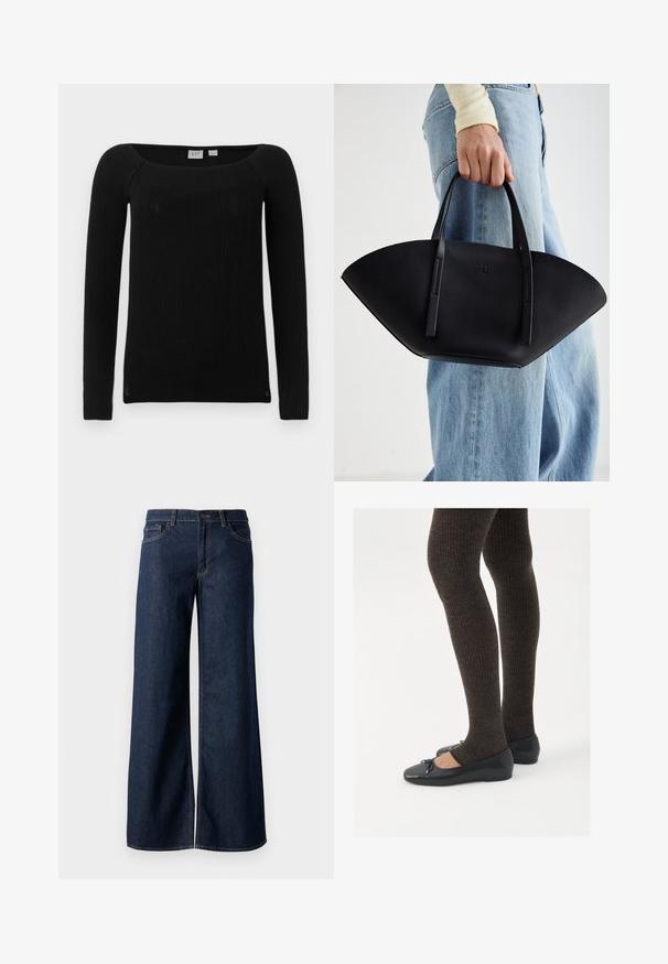 Haut noir côtelé à manches longues avec un col carré. Fabriqué à partir d'un tissu texturé et extensible. Offre une coupe ajustée et des manches légèrement fuselées.; Jean large en denim bleu foncé. Présente des coutures contrastées, cinq poches et une fermeture par bouton à la taille. Texture lisse.; Chaussures plates noires avec un petit nœud au niveau des orteils, associées à des collants côtelés marron foncé. Les chaussures ont une texture lisse et un profil bas.; Sac à main en cuir noir avec une forme de éventail unique, doté de poignées plates. La surface présente une texture granuleuse et un design minimaliste.