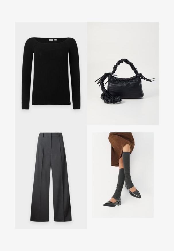 Fekete bordázott, hosszú ujjú felső, négyzet alakú nyakkivágással. Texturált, rugalmas anyagból készült. Karcsú szabást és enyhén beszűkült ujjakat kínál.; Széles szárú nadrág sötétszürke anyagból, magas derekú, egyes redőkkel, sima textúrával és tiszta befejezéssel a szegélyeken.; Fekete lakk bőrből készült, hegyes orrú cipők, tömbsarkúakkal és bokapánttal, szürke bordás lábszármelegítőkkel és barna velúr szoknyával párosítva.; Fekete műbőr kézi táska krokodil bőr textúrával, összehúzható tetejű és gyűrt pánttal. Lágy és kompakt dizájnúnak tűnik.