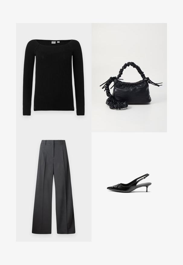 Top negru cu mâneci lungi, cu un decolteu pătrat. Confecționat dintr-un material texturat și elastic. Oferă un croi slim și mâneci ușor conice.; Pantaloni culți din țesătură gri închis, cu talie înaltă, pliuri simple și o textură netedă, cu o finisare curată la tivuri.; Cizme slingback din piele neagră, cu vârf ascuțit, toc mic de tip kitten heel și un detaliu decorativ sub formă de nod în față. Textură netedă pe întreaga suprafață.; Geantă din faux leather neagră cu textură de crocodil, cu partea superioară strânsă și o curea mototolită. Pare moale și compactă ca design.