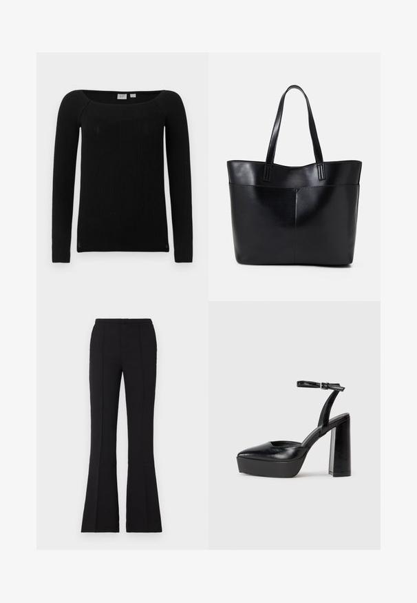 Schwarzes, gestreiftes Oberteil mit langen Ärmeln und quadratischem Ausschnitt. Hergestellt aus einem strukturierten, dehnbaren Stoff. Bietet eine schmale Passform und leicht taillierte Ärmel.; Schwarze Schlaghosen aus glattem Stoff, mit einer figurschmeichelnden Taille, vorderen Nahtdetails und einem leichten Schlag, der ab dem Knie beginnt.; Schwarze Plateau-High Heels mit spitzem Zeh und verstellbarem Knöchelriemen. Gefertigt aus glattem Leder und mit einem klobigen Blockabsatz.; Schwarze Leder-Shopper-Tasche mit zwei langen Griffen, einer glatten Textur und einer strukturierten Form. Verfügt über eine Vordertasche für zusätzlichen Stauraum.
