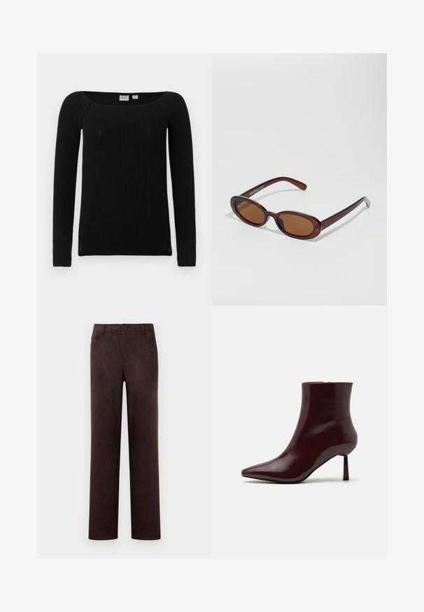 Černý žebrovaný dlouhý rukáv top s čtvercovým výstřihem. Vyrobeno z texturované, elastické tkaniny. Nabízí štíhlý střih a mírně zúžené rukávy.; Kalhoty z tmavohnědého semiše s rovnými nohavicemi, předním zapínáním na knoflík a zip, poutky na opasek a bočními kapsami.; Burgundské lakované kozačky po kotníky se špičatou špičkou a štíhlým jehlovým podpatkem, s hladkou, lesklou texturou a minimalistickým designem.; Kulaté sluneční brýle hnědé barvy s lesklým burgundským rámem. Úzké nožičky s jemným logem. Rovné čočky.; Tkaná bordó kabelka s kulatým tvarem a jedním uchopem, která má texturovaný povrch a elastické stahovací šňůrky.