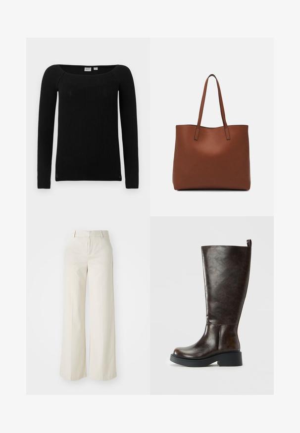 Schwarzes, gestreiftes Oberteil mit langen Ärmeln und quadratischem Ausschnitt. Hergestellt aus einem strukturierten, dehnbaren Stoff. Bietet eine schmale Passform und leicht taillierte Ärmel.; Weite Hosen in einem hellbeigen Farbton, aus einem glatten Stoff gefertigt. Mit einem klassischen Bund und flachem Vorderteil, das klare Linien zeigt.; Dunkelbraune Lederkniehohe Stiefel mit abgerundeter Spitze, robustem schwarzen Sohlen, niedrigem Blockabsatz und Zuglasche hinten oben.; Braune Leder-Tote mit glatter Textur, offenem Oberteil und zwei Schulterriemen. Verfügt über minimale Nähte und keine sichtbaren Beschläge.