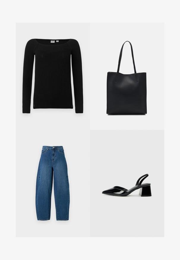 Melnas ribotu piedurkņu ilgas piedurknes blūze ar kvadrātu izgriezumu. Izgatavota no struktūrizēta, elastīga auduma. Nodrošina šauru piegriezumu un nedaudz sašaurinātas piedurknes.; Denim bikses vidējā zilā krāsā ar augstu jostasvietu, platām kājām un standarta piecu kabatu dizainu ar redzamām šuvju detaļām.; Melna lakota āda ar atvērto papēdi, ar smailu purngalu un ģeometrisku blokpapēdi. Iezīmējas elegants, minimāls dizains un gluda tekstūra.; Melnas ādas somiņa ar gludu tekstūru, taisnstūra formu un divām garām rokturiem. Nav redzamu aparatūras vai rotājumu.