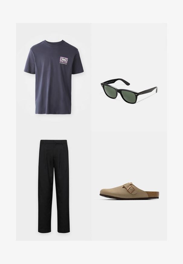 Mörkblå bomullströja med rundad halsringning och korta ärmar. Har en geometrisk grafisk tryck i lila och vitt på vänster bröst.; Svarta byxor i slät väv, med rak ben-design, två framfickor och standardmidja med bälteshällor.; Beiga träskor med rund tå, justerbar spänne och korkfotbädd. Texturerad yta med en svart gummisula för bra grepp.; Svarta plastsolglasögon med gröna linser, fyrkantiga bågar, silverdetalj på ögonbrynet och texturerade skalmar. Angiven märkning på den inre skalmen.
