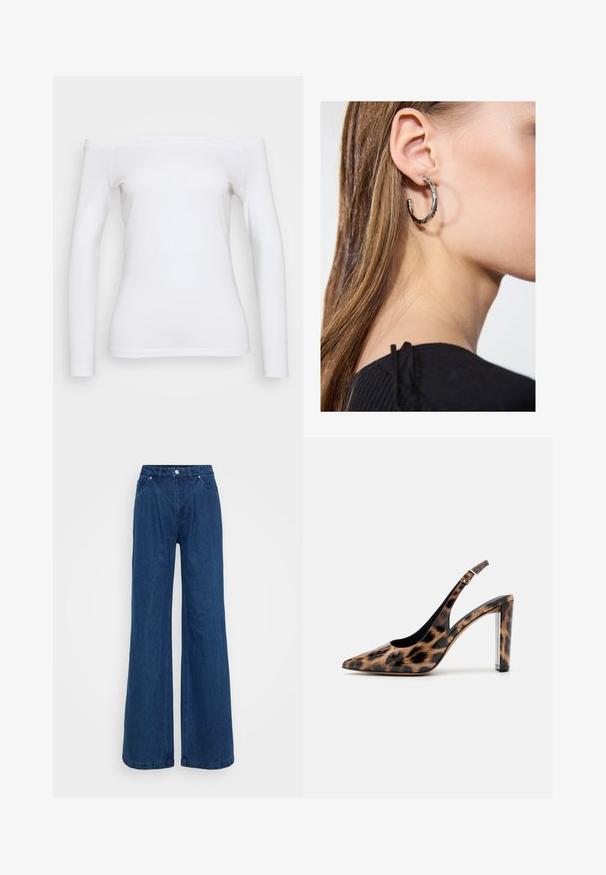 White off-the-shoulder long-sleeve top made of soft cotton. Features a fitted silhouette and smooth texture with a clean finish at hemline.; Wide-leg blue denim jeans with a high waist, front button and zipper closure, and front and back pockets against a plain background.; Leopard print slingback pump with a pointed toe and transparent block heel. Made of glossy material with a smooth texture.; Silver hoop earring with a polished finish, featuring small gold accent details and a round shape, worn on the lobe.