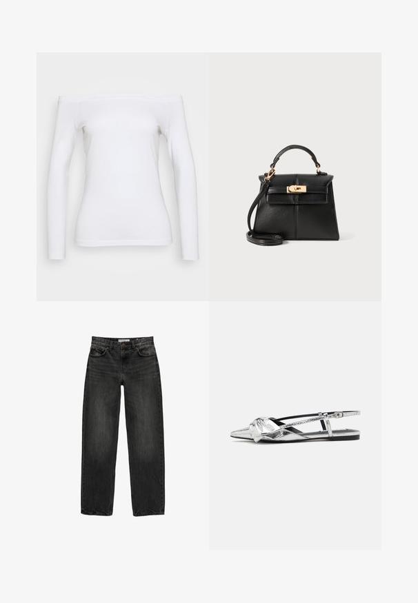 Fehér, vállakon viseletű, hosszú ujjú felső puha pamutból. Illeszkedő szabású, sima textúrával és tiszta végű szegéllyel rendelkezik.; Fekete farmernadrág laza szabással, egyenes szárakkal, öt zsebes dizájnnal és enyhén elhalványult textúrával. Elöl gombos és cipzáras záródás.; Ezüst fémes slip-on lapos cipők hegyes orral, elöl csomó részlettel és állítható pánttal a biztos illeszkedés érdekében.; Fekete bőr kézitáska struktúrált kialakítással, tetején fogantyúval, leválasztható pánttal és arany színű fémhardverrel mágneses záródással.