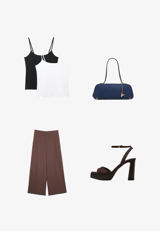 Två linnen i svart och vitt; varje har tunna justerbara axelband, en slät textur och en enkel, rak skärning.; Bruna vida byxor med en slät textur, som har hög midja och framfickor. Tyget är lätt och flödar löst.; Bruna mocka högklackade sandaler med öppen tå, justerbar vristrem och en randig plattformssula.; ALDO THALELI - Handväska - navy