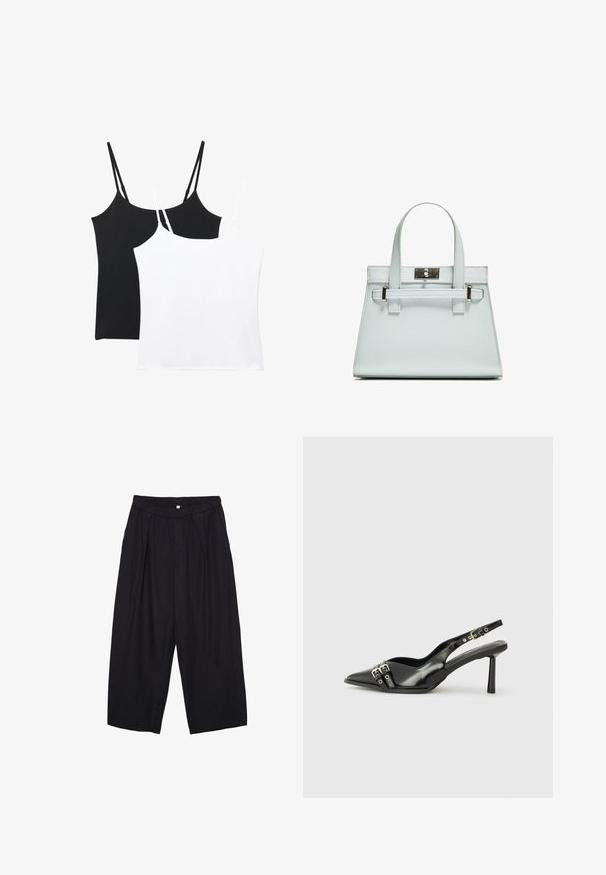 Two camisoles in black and white; each features thin adjustable straps, a smooth texture, and a simple, straight-cut design.; Black polyester culotte pants with an elastic waistband, two front pleats, and a loose silhouette. No visible patterns or hardware details.; Black patent leather slingback shoe with pointed toe, ankle straps featuring silver buckles and hardware, and a slender heel.; Light blue handbag with structured design, two handles, and a silver-toned hardware clasp. Textured material and sharp corners.