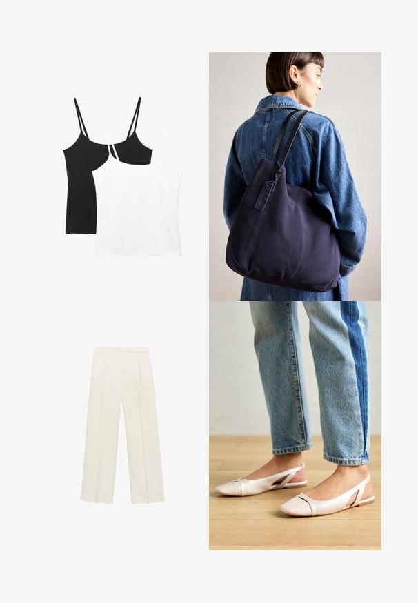 Dve majice brez rokavov v črni in beli barvi; vsaka ima tanke nastavljive naramnice, gladko teksturo in preprost, ravno krojen dizajn.; Hlače širokih nogavic v svetli kremni barvi. Narejene iz gladkega materiala s plitkimi naborki spredaj in stranskimi žepi.; Svijetloružičaste slingback balerinke s šiljastim nožnim prstima, napravljene od glatkog materijala nalik koži. Imaju izrezane detalje sa strane i ravne pete.; Modra platnena torba za ramo s meko, strukturirano obliko, opremljena s črnim trakom, šivanjem in majhno oznako blagovne znamke.