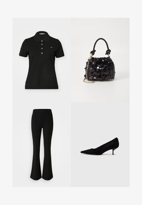 Polo-shirt noir en coton, avec un col classique, une patte de boutonnage à cinq boutons et un petit logo brodé sur la poitrine. Manches courtes.; Pantalons évasés noirs en tissu extensible avec une texture lisse, comportant des détails de couture sur le devant pour un aspect esthétique supplémentaire.; Chaussure à talon haut en suede noir avec un bout pointu et un talon fin et bas. Texture lisse avec un design épuré, sans matériel visible.; Mini sac à main en sequins noirs avec une bandoulière texturée nouée et une chaîne argentée. Forme arrondie avec un haut froncé et des détails réfléchissants.