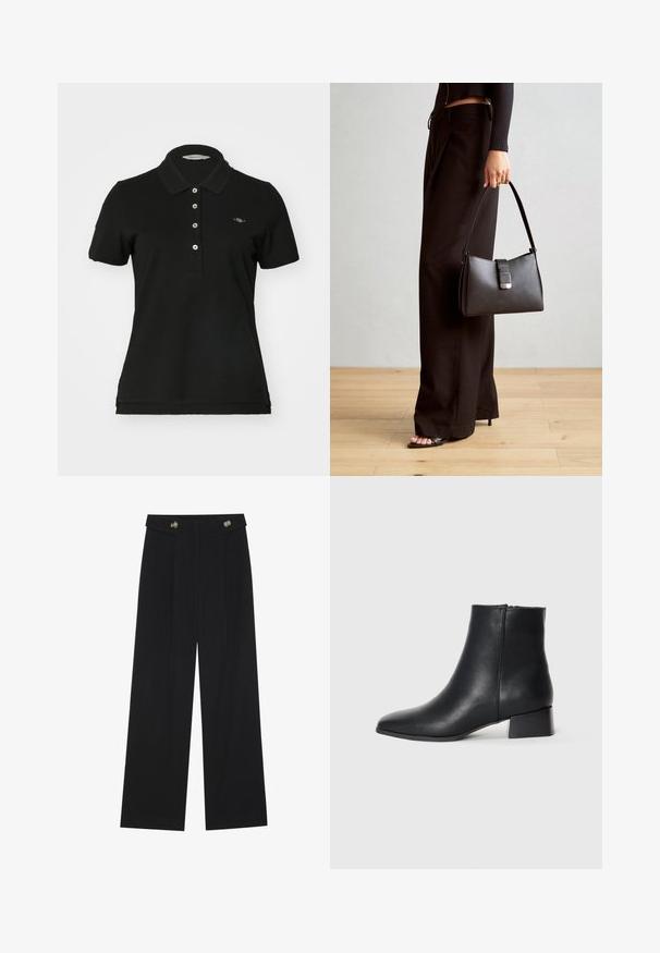 Schwarzes Poloshirt aus Baumwolle mit klassischem Kragen, fünf Knöpfen und einem kleinen gestickten Logo auf der Brust. Kurzärmlig.; Schwarze weite Hosen mit hoher Taille, Knopfdetails am Bund und vorderen Falten.; Schwarze Leder-Ankle-Boots mit spitzer Zehenform und niedrigem Blockabsatz, featuring einer glatten Textur und minimalistischen Design.; Schwarze Handtasche mit strukturierter Form, glatter Textur und einem metallischen Verschluss. Kombiniert mit weiten schwarzen Hosen und offenen Sandalen auf einem Holzboden.