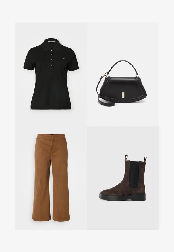 Sort polo shirt lavet af bomuld, med en klassisk krave, fem knap lukning og et lille broderet logo på brystet. Korte ærmer.; Brune vidde bukser lavet af blødt stof med en glat tekstur, med høj talje og syet detaljering.; Brune ruskindsankelstøvle med elastiske sidepaneler og trækstropper. Har en rund tå og chunky sort hæl for stabilitet.; Sort læderhåndtaske med en struktureret design, der har en kortet form, tophåndtag og guld hardware-accenter. Justerbar skulderrem inkluderet.