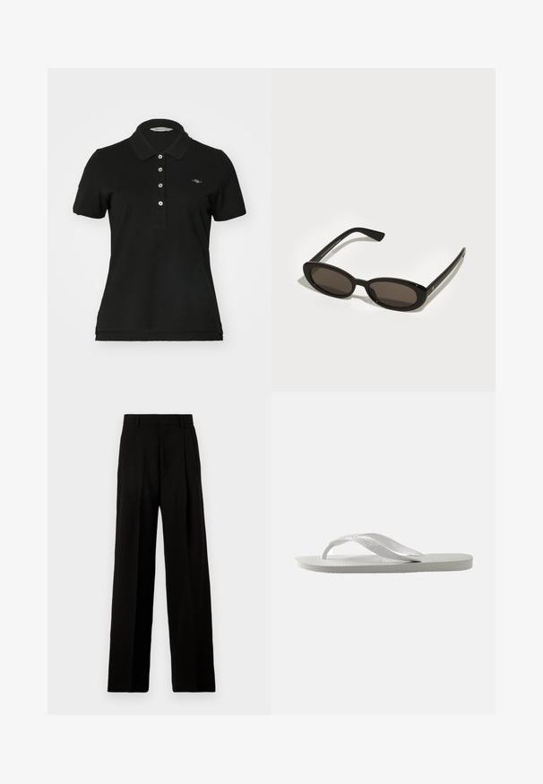 Polo negru din bumbac, cu guler clasic, și o închidere cu cinci butoane, având un mic logo brodat pe piept. Mâneci scurte.; Pantaloni negri cu picioare largi, confecționați dintr-un material neted, cu talie înaltă, pliseuri frontale și un design curat, croit, fără embellishments.; Cizme flip-flop albe cu o talpă texturată și două curele subțiri. Curelele sunt netede, cu o branding subtil. Fără modele sau accente suplimentare.; Ochelari de soare negri cu lentile ovale, semi-rimless. Rame lucioase și brațe elegante. Lentile de culoare închisă cu detalii hardware minime.