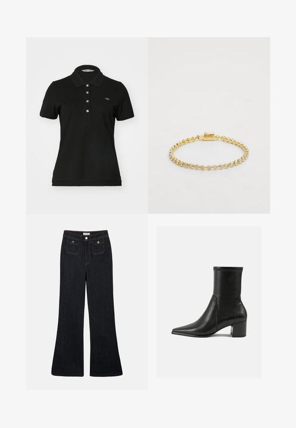 Melna pidžama krekls, izgatavots no kokvilnas, ar klasisku apkakli, piecu pogu aizdari un mazu izšūtu logotipu uz krūtīm. Īsas piedurknes.; Augstas jostas flared tumšo denima bikses ar divām priekšējām kabatām un orandžu diegu. Materiāls izskatās izturīgs un gluds.; Melnas potītes zābaki, kas izgatavoti no gludas ādas, ar smailu purngalu, blokveida papēdi un izteiktu paceltu šuvumu augšējā malā.; Zelta metāla aproce ar apaļiem caurspīdīgiem rhinestones vienmērīgā rakstā, ar aizdari vienā pusē. Gluda tekstūra un spīdīga apdare.
