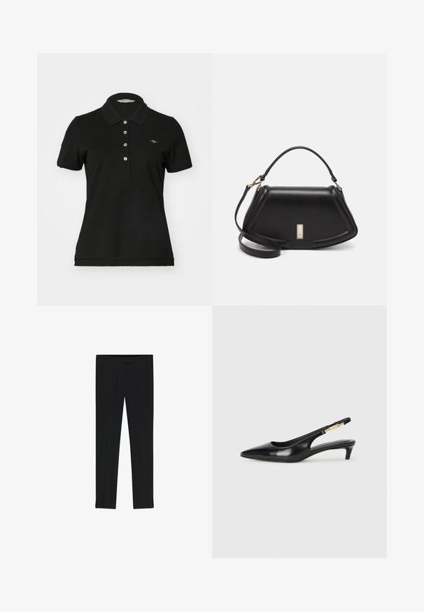 Polo nero in cotone, con colletto classico, patta con cinque bottoni e piccolo logo ricamato sul petto. Maniche corte.; Pantaloni neri su misura con un elegante motivo a spina di pesce, dotati di una vita piatta e spacchi laterali all'orlo per una silhouette slanciata.; Tacchi slingback in pelle nera con punta affusolata, caratterizzati da un tacco alto e un accento dorato sulla cinghia regolabile. Texture liscia.; Borsa a mano in pelle nera con un design strutturato, caratterizzata da una forma corta, manico superiore e accessori in metallo dorato. Inclusa tracolla regolabile.